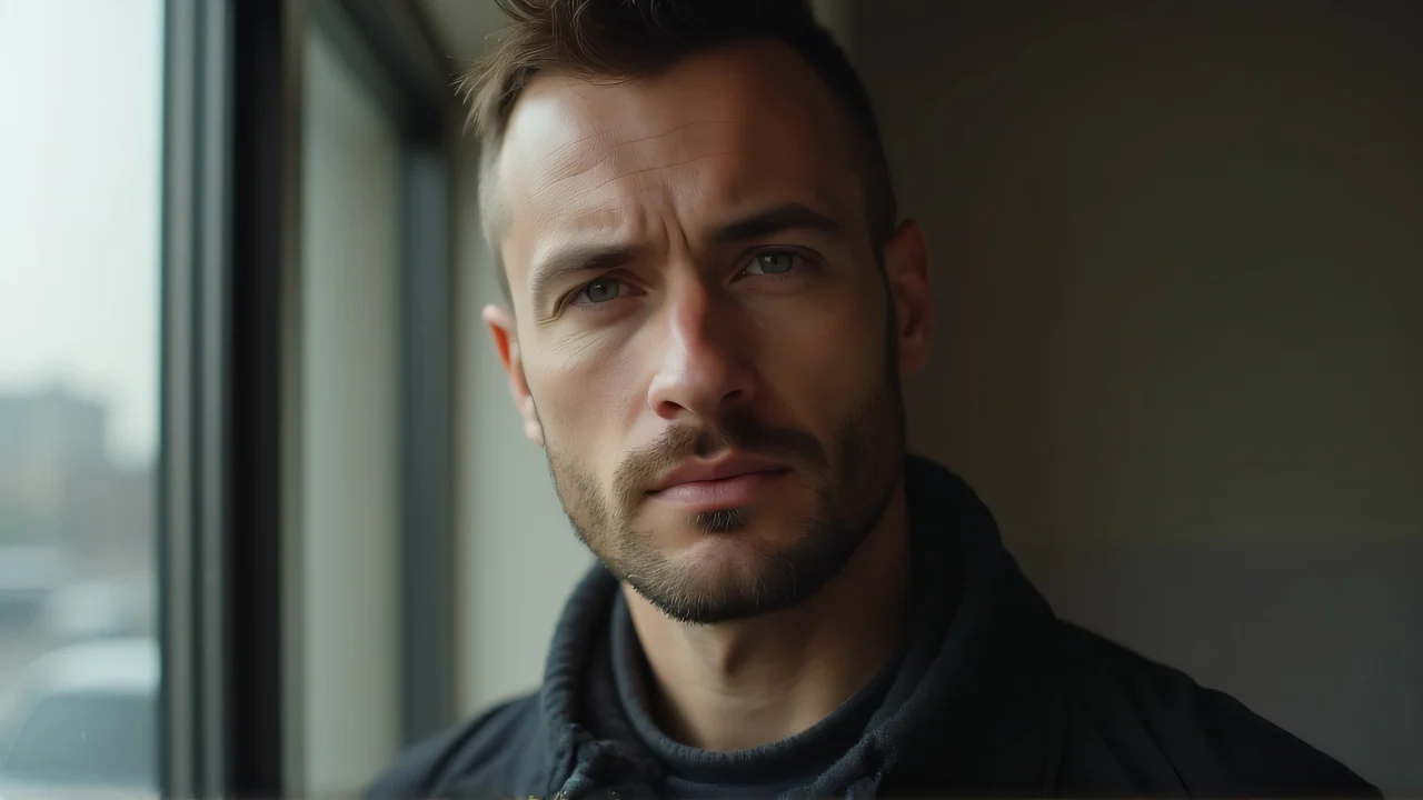 Close-up of a man with a natural expression in soft window light.