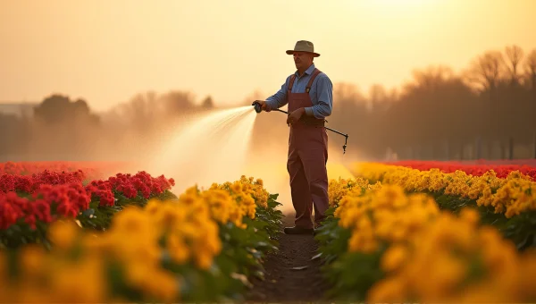 Man Spraying Water In Flower Field At Golden Hour
