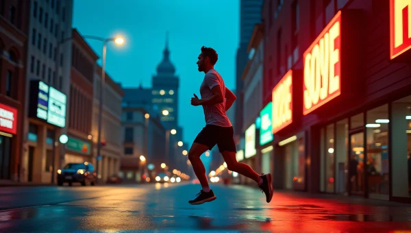 Man Sprinting Past Neon Street Signage At Dusk