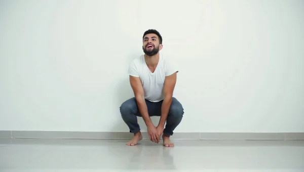 Man Squatting Against Wall With Tongue Out