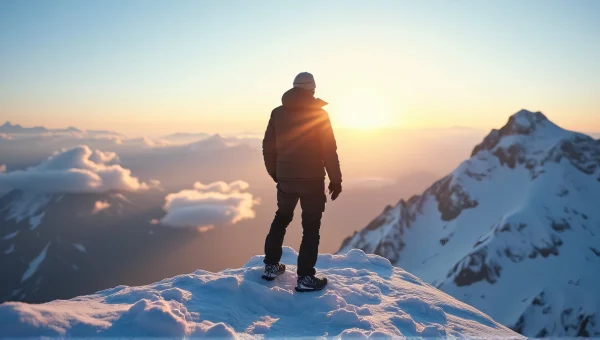 Man Standing at Snowy Mountain Summit in Sunlight
