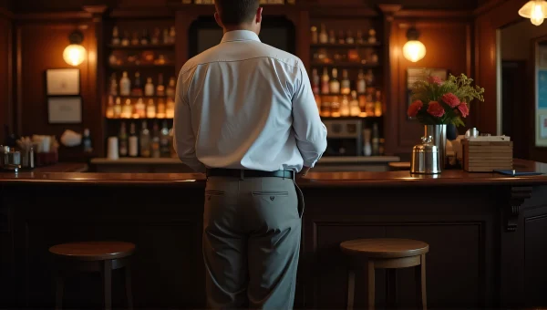 Man Standing on Bar Stool in Dim Pub Setting