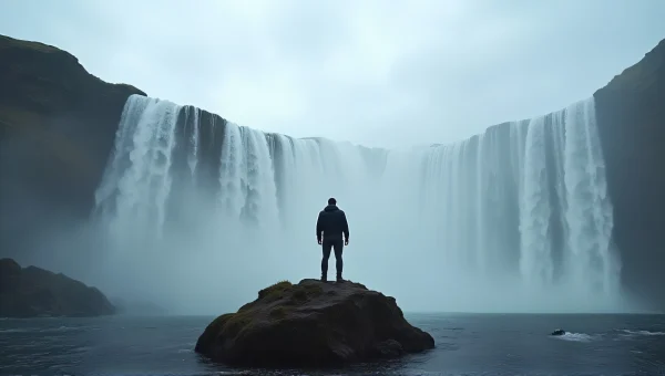 Man Standing Before Cascading Waterfalls in Mist