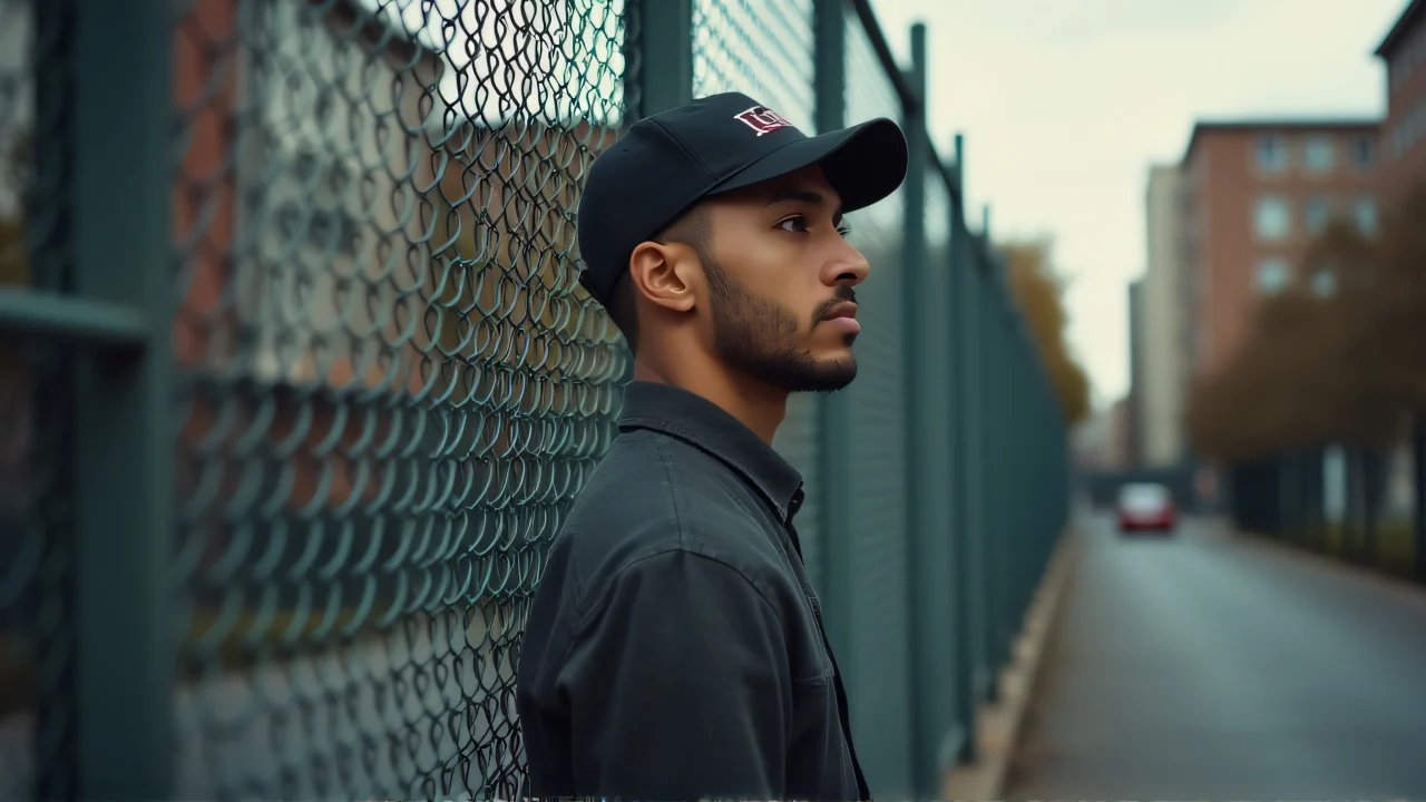 A man stands beside a fence with soft backlighting in an urban setting.