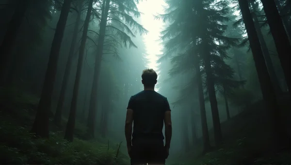 Man Standing in Forest Looking Upward at Light