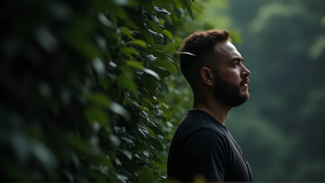 A man in profile next to lush green foliage in soft light.