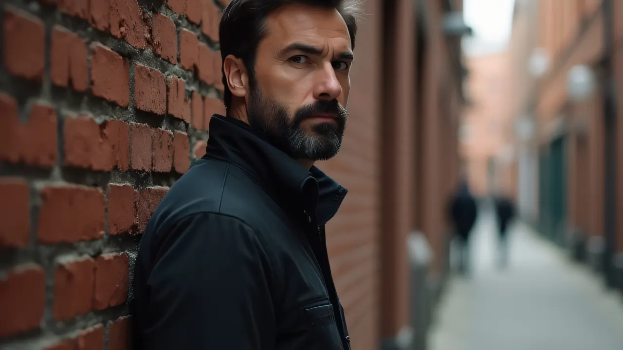 A man stands in profile by a textured brick wall in an urban setting.