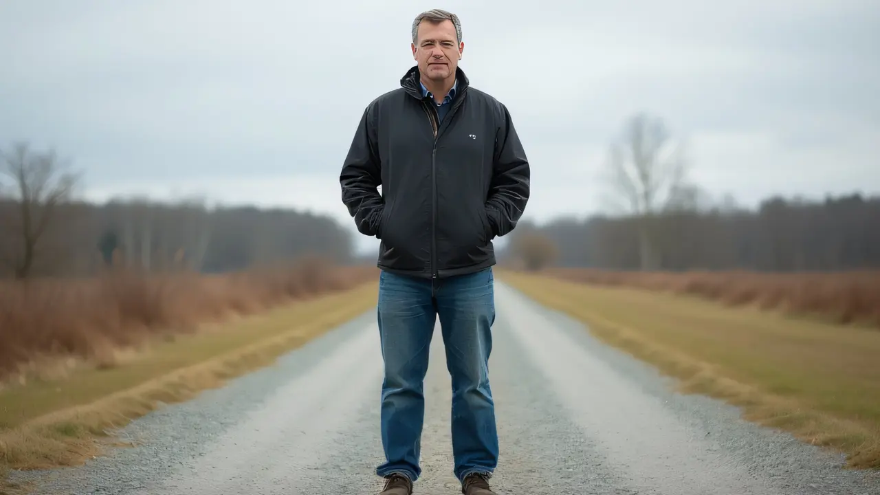 Full-length portrait of a man standing on a gravel path with hands in pockets.