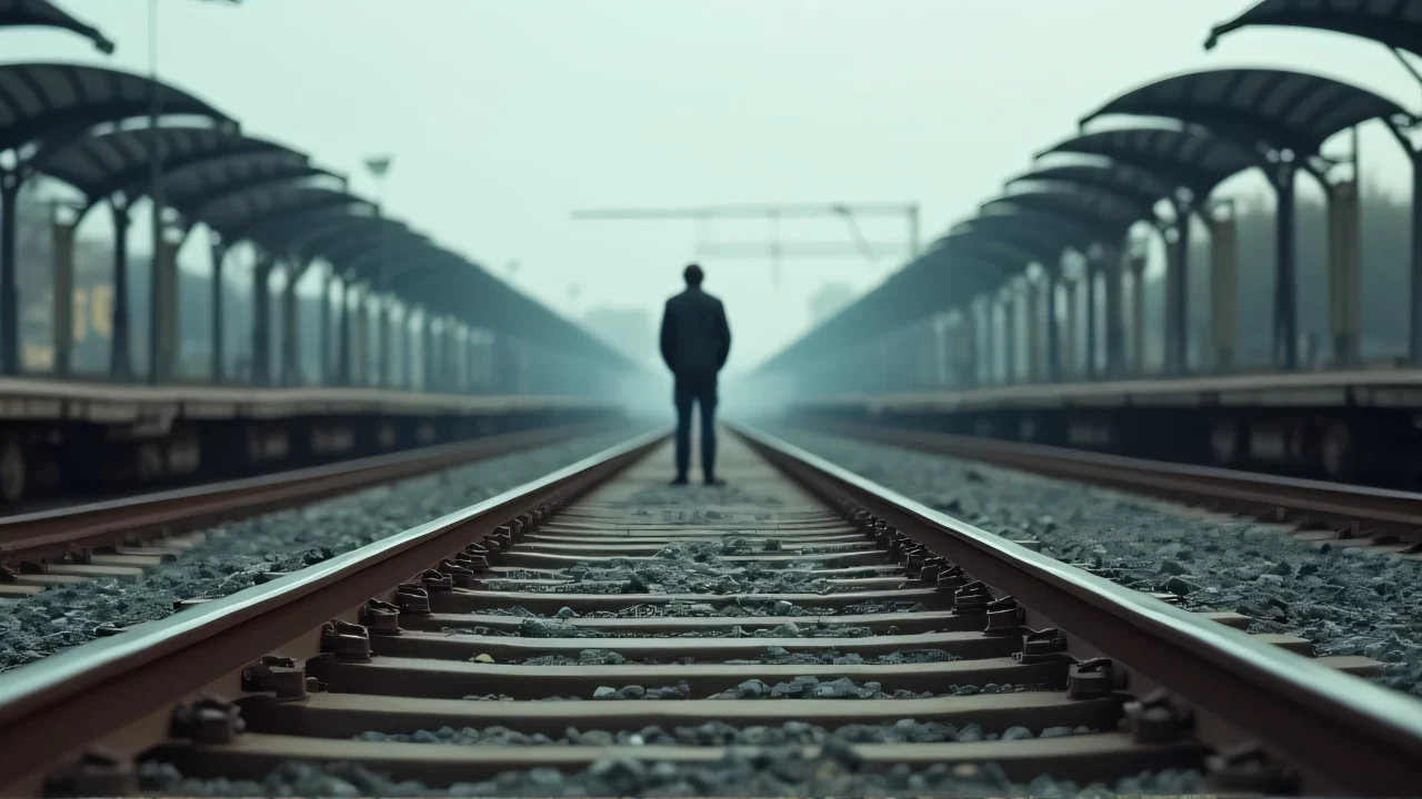 A man stands on railway tracks with a low-angle view, surrounded by an overcast sky.