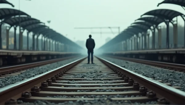 Man Standing on Railway Tracks Under Overcast Sky