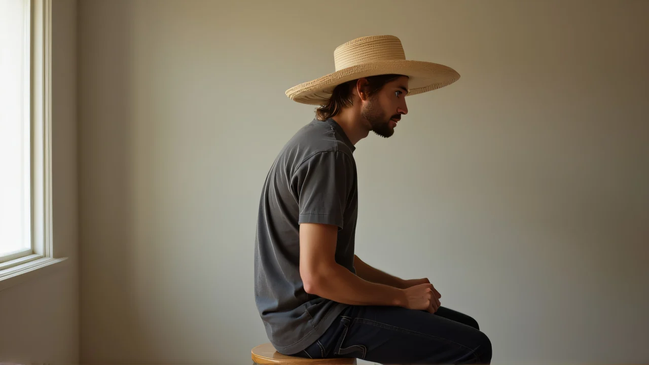 A man wearing a straw hat sits on a wooden stool, softly lit from the left.