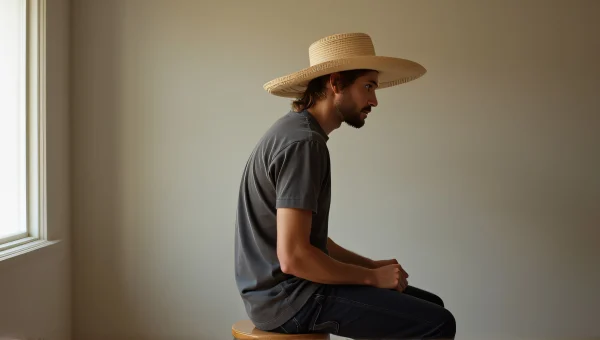 Man in Straw Hat Seated on Wooden Stool