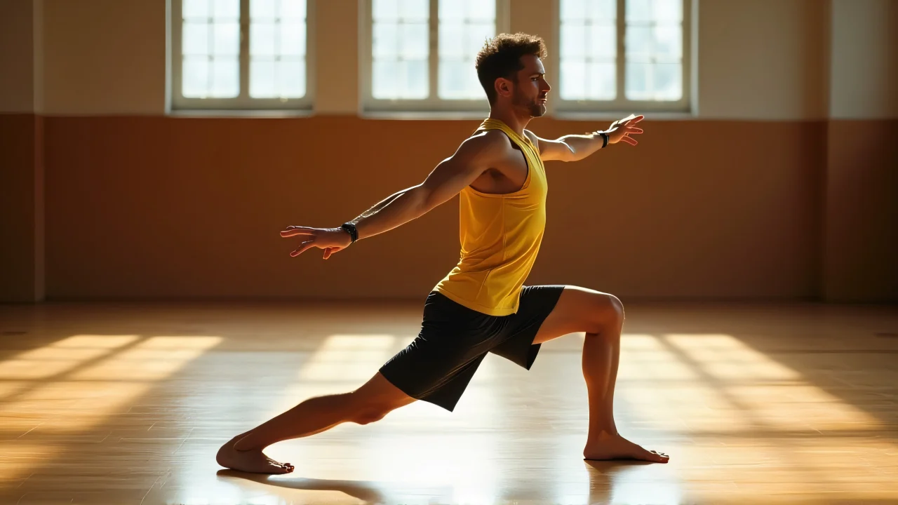 A man in a yellow tank top and black shorts stretches his hamstrings on a bright wooden gym floor.