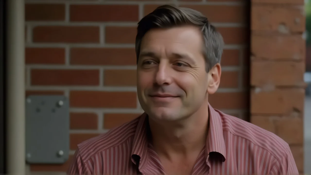 A man wearing a white and red striped shirt poses candidly in front of a brick wall.