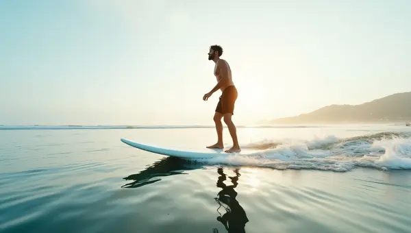 Man Surfing Calm Water on White Surfboard Morning Light