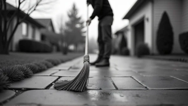 Man Sweeping Driveway in Suburban Neighborhood