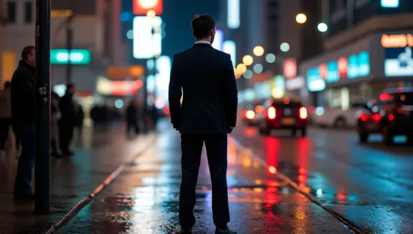 Man In Tailored Suit On Wet City Sidewalk At Night