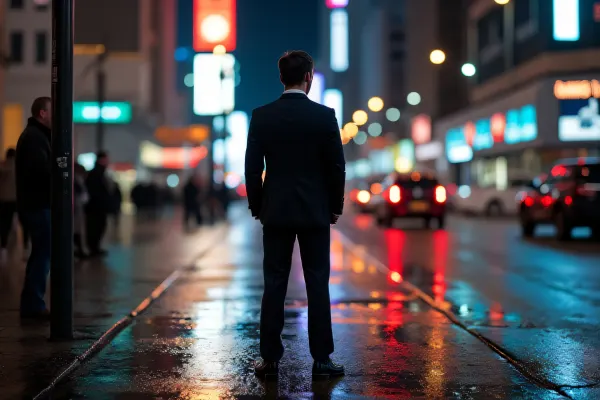 Man In Tailored Suit On Wet City Sidewalk At Night