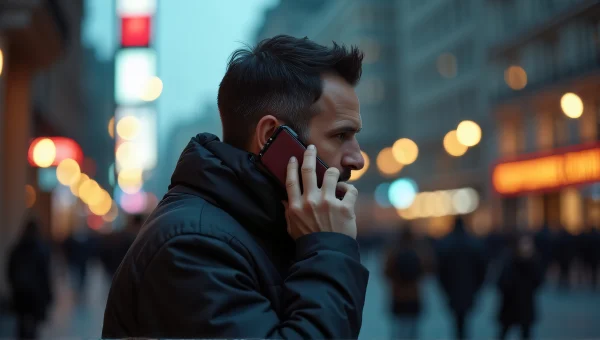 Man Talking On Phone In Busy City At Dusk