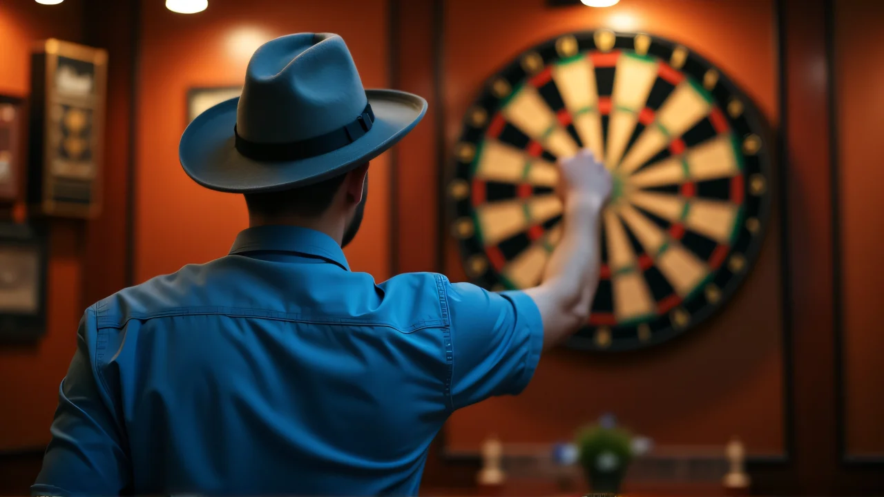 Back view of a man in a blue shirt throwing darts at a dartboard in a bar.