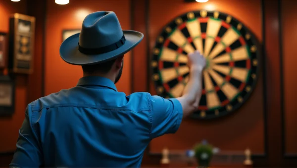 Man Throwing Darts In Bar With Blue Shirt