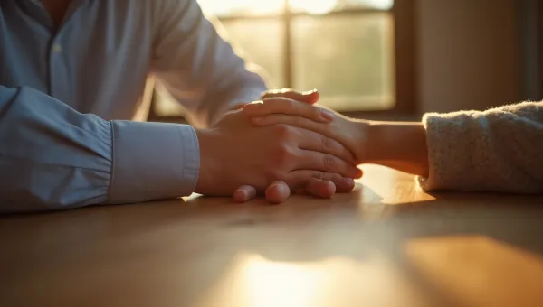 Man Touching Woman’s Hand Across Wooden Table