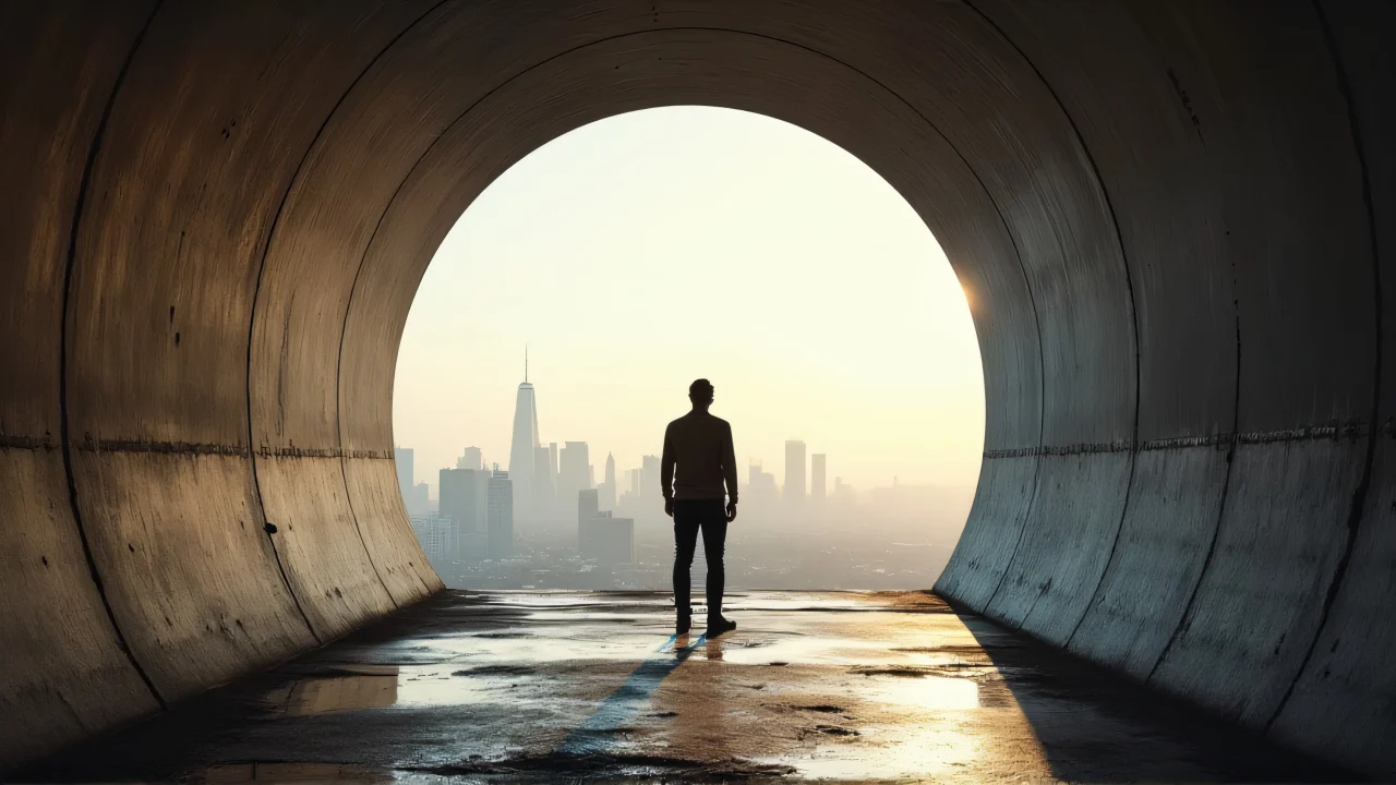 A man stands at the mouth of a tunnel with sunlight illuminating the damp floor and a city skyline in the distance.