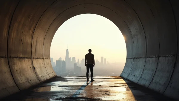 Man in Tunnel Framed by Curved Concrete Walls