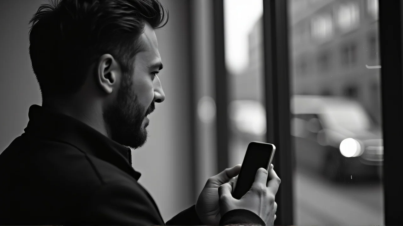 A man interacts with his cellphone, showcasing a city street reflection on the screen.