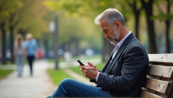 Man Using Cellphone on Wooden Bench in Park