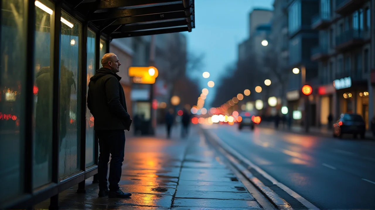 A man stands at a bus stop under a glass shelter during dusk with city reflections on wet pavement.