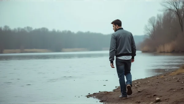 Man Walking By Riverbank Overcast Sky Reflection