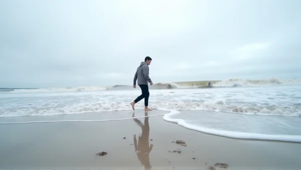 Man Walking By Shoreline With Reflections