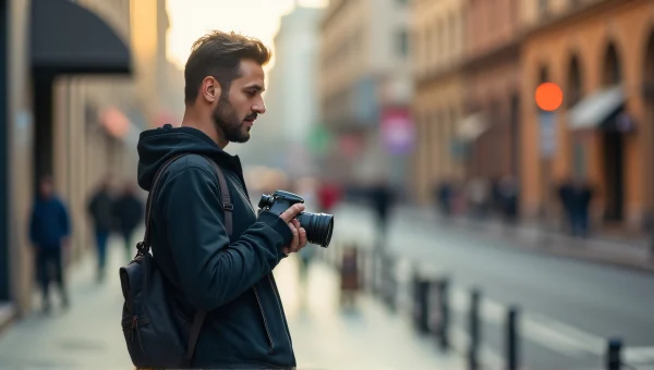 Man Walking with Camera in Urban Sidewalk Setting