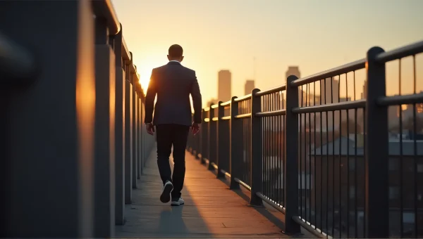 Man Walking On Concrete Balcony At Dusk