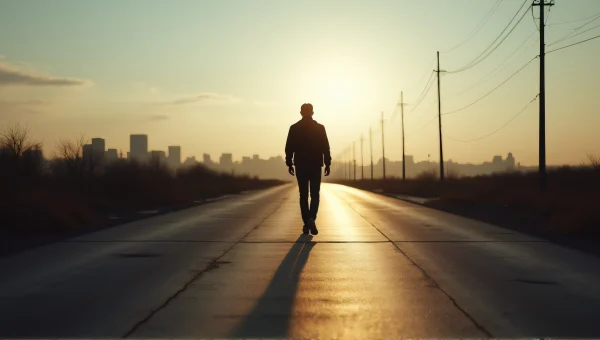 Man Walking on Concrete Road at Dusk