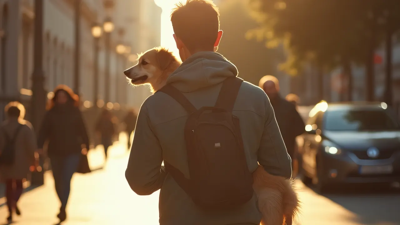 A man carries a medium-sized dog while walking down a sunlit sidewalk in the city.
