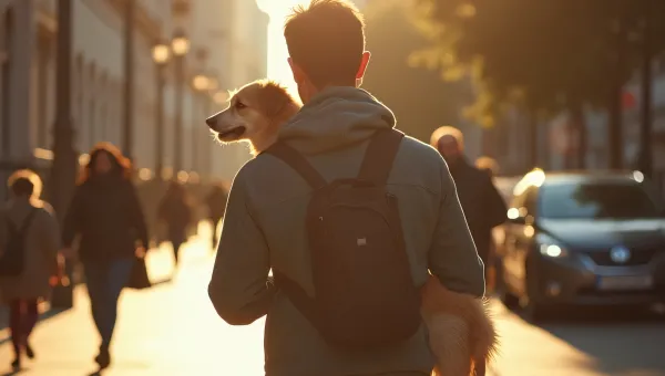 Man Walking Dog on Sunlit Urban Sidewalk