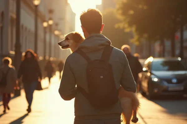Man Walking Dog on Sunlit Urban Sidewalk