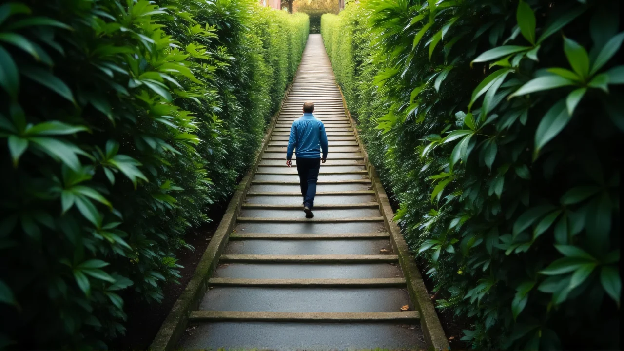 A man walks along a narrow stone pathway surrounded by lush greenery.