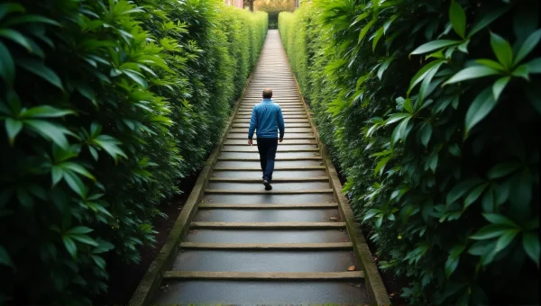 Man Walking Narrow Stone Pathway Through Foliage