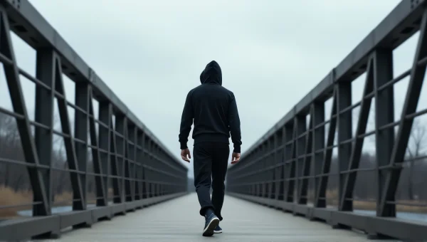 Man Walking On Steel Bridge In Black Sweatsuit