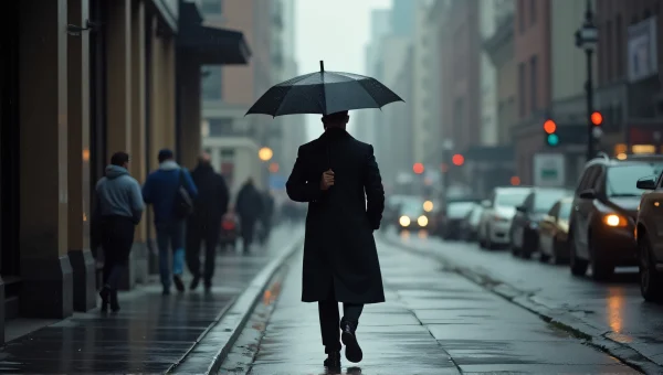 Man Walking Under Umbrella on Rainy City Street