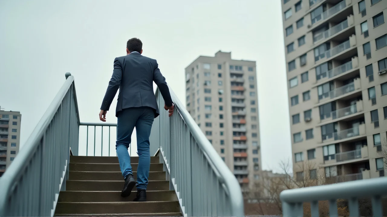 A man is ascending outdoor concrete stairs with a hand on the railing.