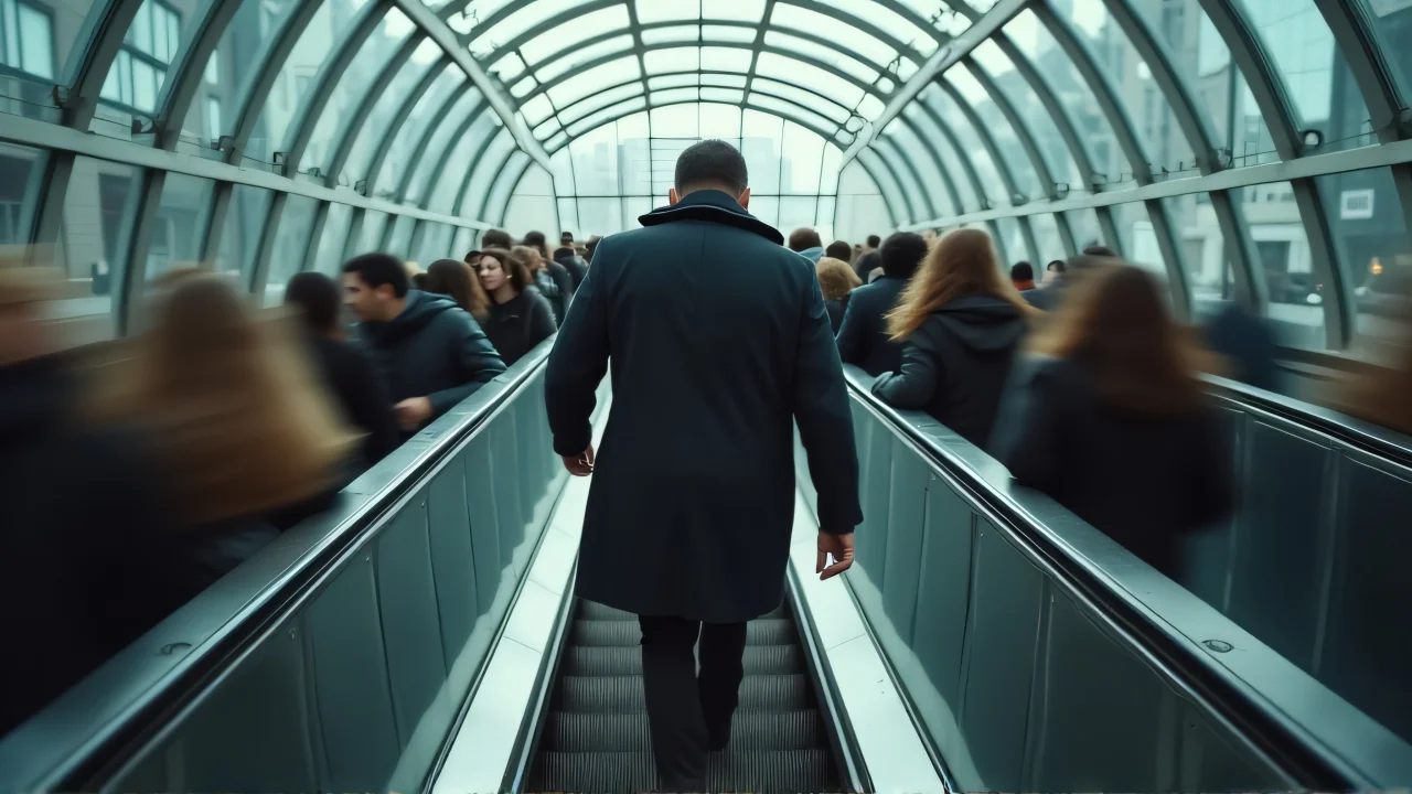 A man in a coat ascends a busy escalator in a glass atrium filled with commuters.
