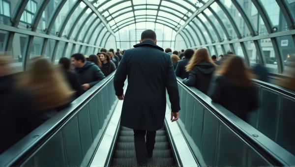 Man Walking Up Escalator In Crowded Atrium
