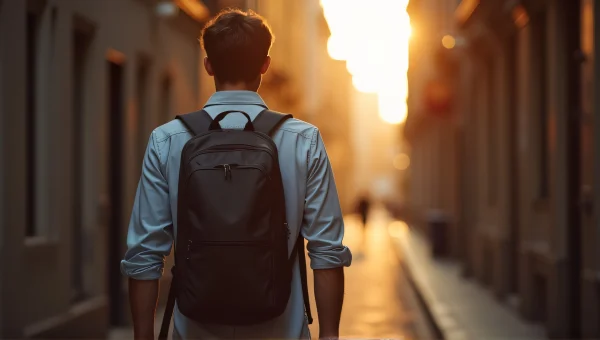 Man Walking Urban Alley Backpack Golden Hour