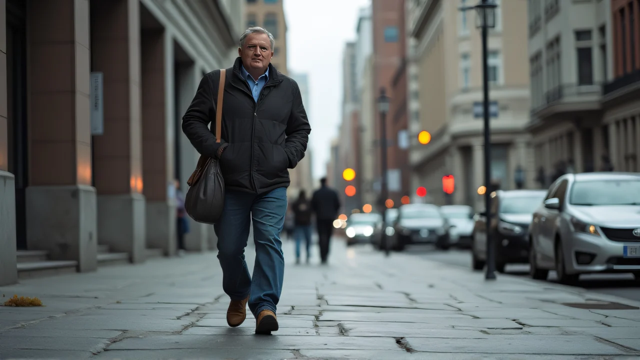 A man walks briskly on a cracked urban sidewalk under an overcast sky.