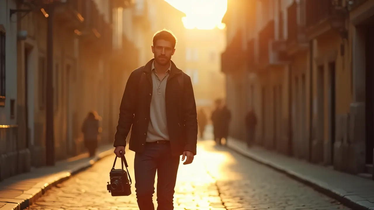 A man carries a vintage camera while walking along a sunlit cobblestone street.
