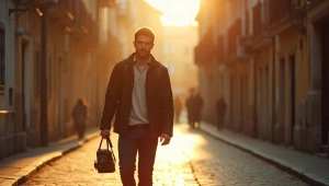 Man Walking With Vintage Camera On Cobblestone Street